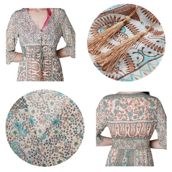 Dusty Rose Boho Turquoise Robe Coverup Maxi Dress - Picture 7 of 7